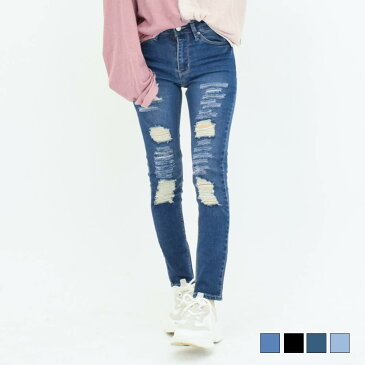 破れ加工 スキニーデニム スキニージーンズ ストレッチスキニー スキニーパンツ 美脚 ハイウエスト スキニー 黒 ブラック デニムパンツ ボタンジーンズ ジーパン タイト スリム ストレッチ ストレート パギンス