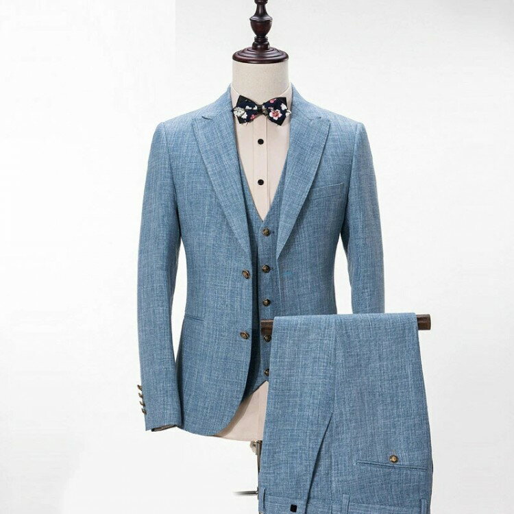 スーツ メンズ ブルー 3点セット タキシード 礼服 結婚式 披露宴 花婿 3ピーススーツ ジャケット+ベスト+ズボン セレモニースーツ 司会 セットアップ メンズスーツ フォーマル 忘年会