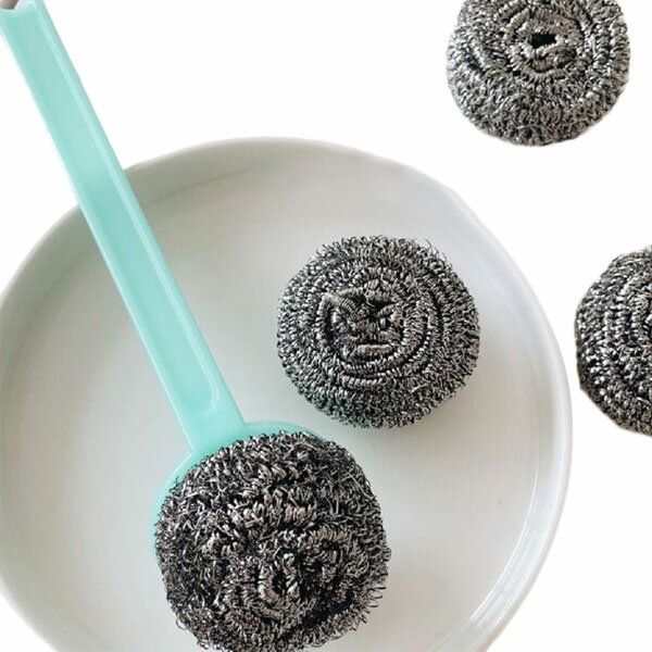 たわし ハンドル付き 4個入り ステンレスたわし 柄付き 焦げ、油汚れ落とし クリーニングボール 皿洗い 鍋 調理器具洗浄 クリーナー 金たわし スチールたわし