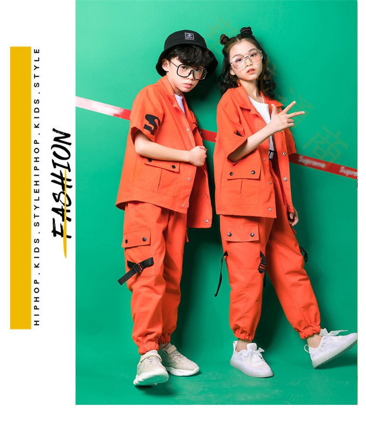 セットアップ ヒップホップダンス衣装 トップス HIPHOP ダンス 衣装 キッズ オレン...