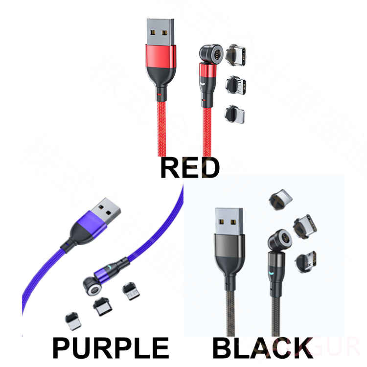 3in1 マグネット 充電ケーブル USBケーブル 多機種 マルチ iPhone iPad Lightning MicroUSB Type-C Android スマホ タブレット 360度回転 540度可動式 LED 防塵機能 着脱 180度 首振り L型 1m 磁気 磁石 充電コード 充電専用 収納セット メール便