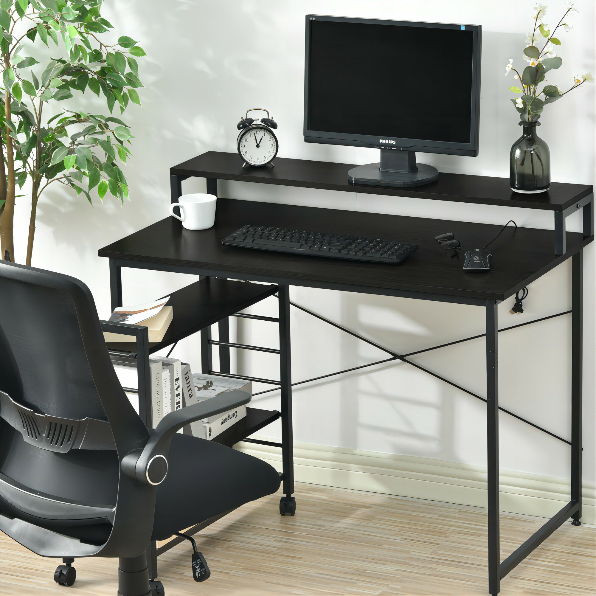 パソコンデスク キャスター付き 移動可能ラック付き デスク ワークデスク オフィスデスク 学習デスク パソコン机 オフィス机 ラック付き机 収納付き 勉強机 書斎机 省スペース