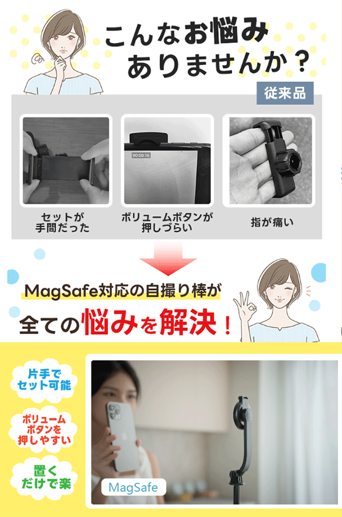 KK zakkaのMagSafe 自撮り棒 MagSafe式 マグセーフ スマホスタンド 折りたたみ式 自撮り棒 ミニ三脚 セルカ棒 折りたたみ式 スマホホルダー 伸縮棒卓上スタンド リモコン付 コンパクト 角度調整可能 片手操作 Android ビデオ通話 自撮りライト｜アングル2