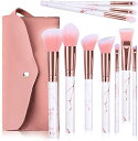メイクブラシ 10本セット 化粧ブラシ 化粧筆 ファンデーションブラシ フェイスブラシ 高級繊維毛 レザー 大理石風 ピンク色の化粧ボックス付き