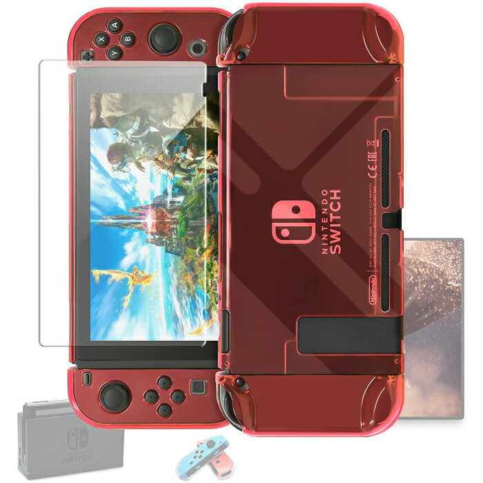 Nintendo Switchカバー 強化ガラス保護フィルム付き ドックにサポート 任天堂スイッチハードケース クリア 外殻 Joy-Conカバー ジョイコン 収納 ニンテンドウ ニンテンドースイッチカバー ガラス飛散防止/指紋防止/気泡ゼロ/耐衝撃/着脱簡単/ブルーライトカット (レッド)