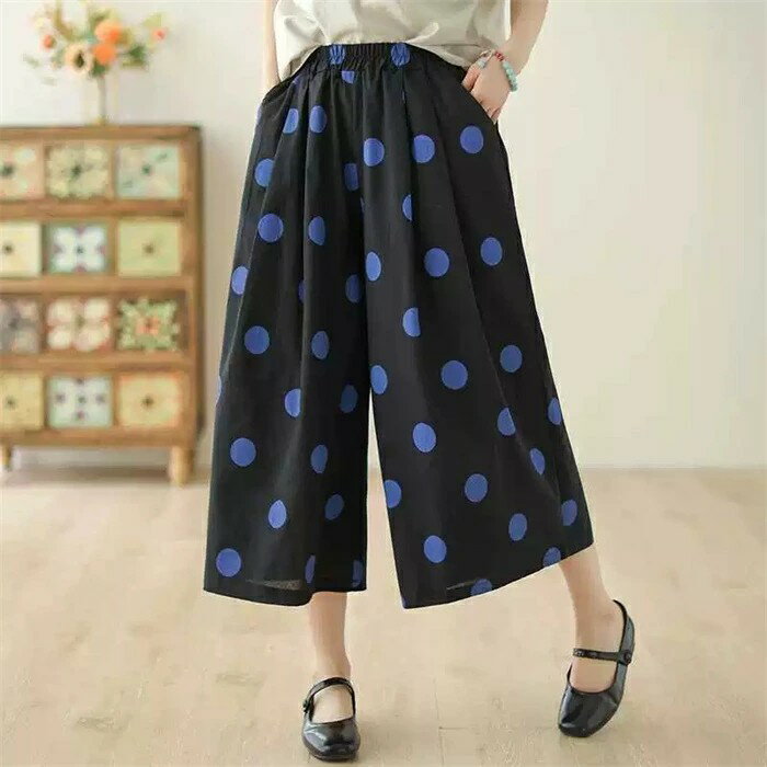 ワイドパンツ フレアパンツ レディース パンツ 夏 ガウチョパンツ クロップド ドット柄 水玉 体型カバー パンツ ボトムス ゆったり クロップド丈パンツ ガウチョ 7分丈 七分丈パンツ ウエストゴム ハイウエスト カジュアル 綿麻風 着痩せ 体型カバー ポケット付き 送料無料