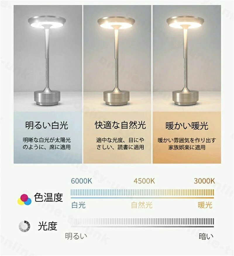 テーブルランプ コードレス USB-C充電式 Type-C ベッドサイド 省エネ 無段階調光+3...