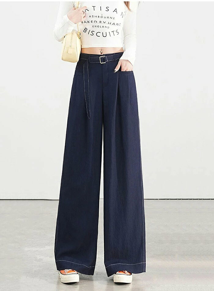 デニムワイドパンツ レディース ワイドパンツ ベルト付き デニムパンツ ロングパンツ 春秋 ジーンズ ロング ズボン ポケット 大きいサイズ 体型カバー ゆったり カジュアル きれいめ 着痩せ 可愛い モード 送料無料