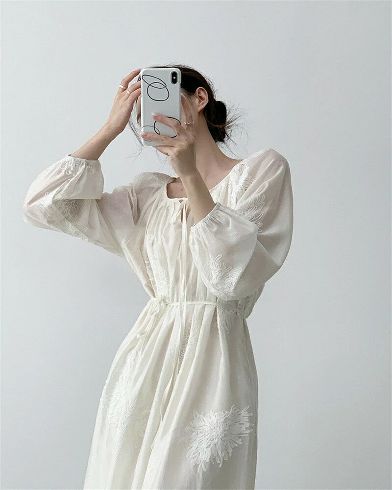 ロングワンピース ロング 長袖 ワンピース 長袖ワンピース レディース ワンピ 夏 春 ロング丈 Aライン 体型カバー Aラインワンピース ミモレ ロングワンピ 無地 刺繍 ミモレワンピース ふんわり 通気性 きれいめ お洒落 カジュアル ゆったり 大きいサイズ