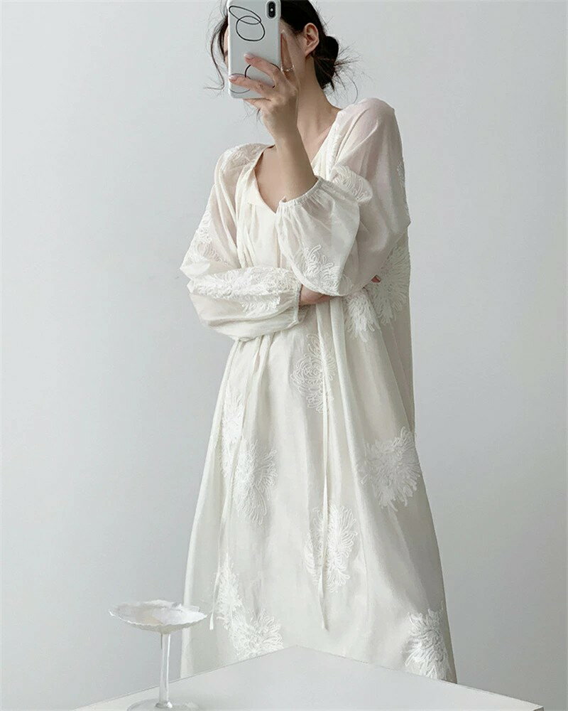 ロングワンピース ロング 長袖 ワンピース 長袖ワンピース レディース ワンピ 夏 春 ロング丈 Aライン 体型カバー Aラインワンピース ミモレ ロングワンピ 無地 刺繍 ミモレワンピース ふんわり 通気性 きれいめ お洒落 カジュアル ゆったり 大きいサイズ