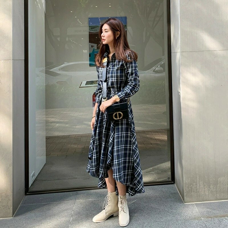 長袖ワンピース シャツワンピース 春 ロングワンピース ロング丈 ワンピ シャツ 夏 秋 チェック柄 ヘリボーン 通勤 長袖ワンピース 不規則 裾 フレア ロング ボタン留め ポケット付き 前開き お洒落 トレンド きれいめ 通学 トレンド