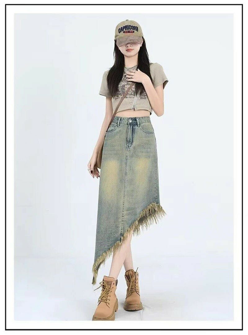 デニム スカート aライン レディース ロングスカート デニムスカート ロング ハイウエスト フリンジ ボトムス 大きいサイズ フレアスカート ミモレ丈 秋 冬 ポケット付き 切っりパなし 不規則 デザイン おしゃれ きれいめ フレアシルエット ゆったり 送料無料
