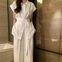 セットアップ レディース 新作 無地 ワイドパンツ シャツ ノースリーブ 折り襟 ベルト パンツセット パンツスーツ 2点セット