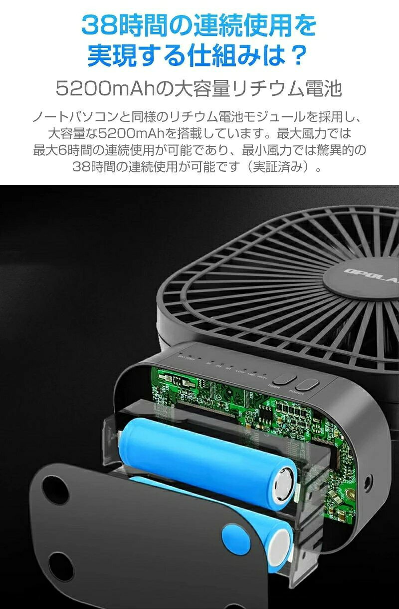 卓上扇風機 タイマー 自動首振り マグネット吸着 3段階風量調節 最大38h連続使用 5200mAh大容量 充電式 扇風機
