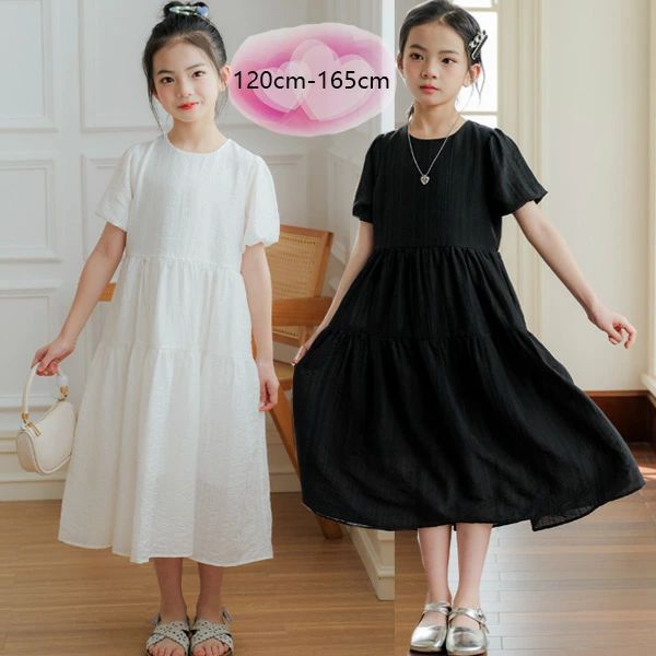 韓国子供服 キッズ ワンピース 黒 白 夏ワンピ 女の子 ワンピース ブラック ホワイト 半袖 ワンピー 子ども服 ミディアム丈ワンピース リゾート 記念日 撮影写真 夏着 オシャレ 可愛い ワンピー ワンピ パーティー 120 誕生日 結婚式 発表会