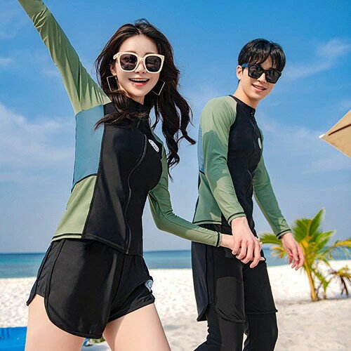 ペア水着 ウェットスーツ カップル水着 ラッシュガード 長袖 上下セット レディース ショートパンツ メンズ ペアルック 大きいサイズ ダイビング サーフィン 紫外線対策 日焼け防止 速乾性 温泉 プール ビーチ リゾート 夏 海