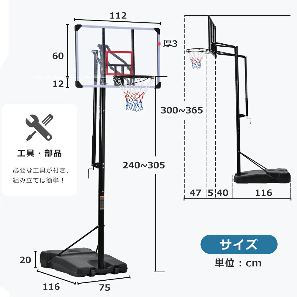 バスケットゴール ハンドルを回すだけの簡単高さ調節 公式＆ミニバス対応 240-305c...