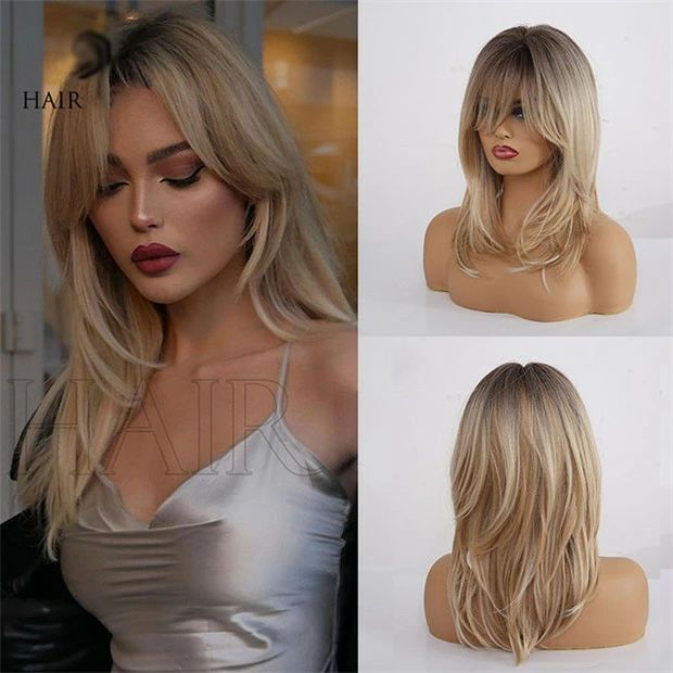 【送料無料】フルウィッグ レディース ウィッグ 耐熱ウィッグ 金髪 グラデーション コスプレ ミディアム