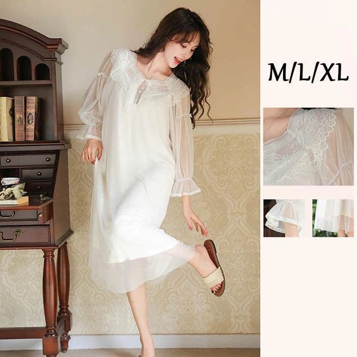 ネグリジェ レディースパジャマワンピース ナイトドレス ワンピース 長袖 花レース シースルー セクシー 可愛い 部屋着 姫系 夏 パジャマ 寝間着 ベビードール チュール ランジェリー レース ホワイト ベージュ 涼しい ルームウェア レディース 可愛い 彼女 妻 ギフト 誕生日