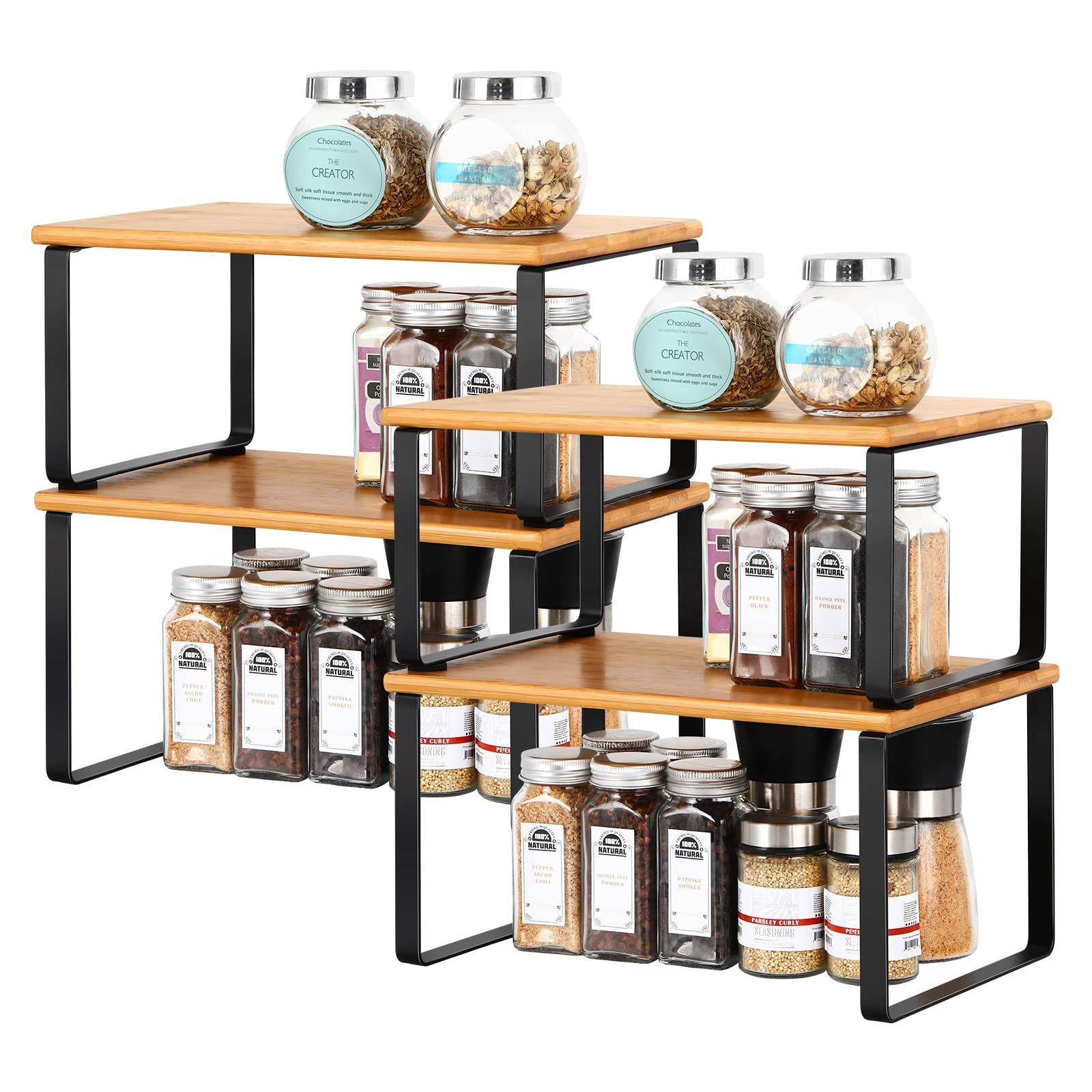 Sink Side Racks - キッチン調味料収納ラック 竹製スパイス収納ラック 4個入り カウンターオーガナイザー 拡張可能で積み重ね可能な4パック スパイスラックキ テーブルトップ 食器棚 またはシンクの下のカウンタートップオーガナイザー-ブラック