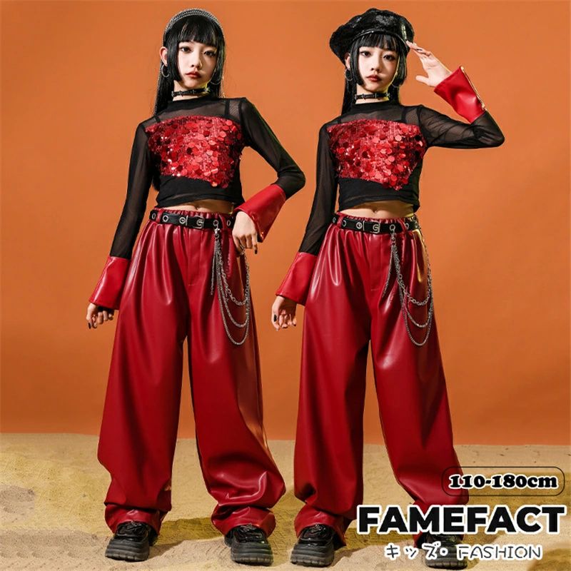 Top & Bottom Sets - 【送料無料】キッズ ダンス衣装 ヒップホップ HIPHOP ストリート系 舞台衣装 赤 レザーパンツ ダンス衣装 女の子 スパンコール トップス かっこいい キッズダンス ヒップホップ ジャズ ベレー帽 可愛い ガールズ 団体服 K-POP 韓国 キラキラ 舞台服 ステージ衣装 110-180