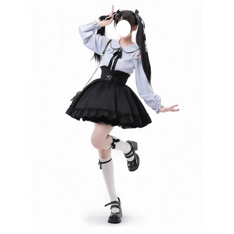スローネルの【送料無料】ブラウス 地雷系 スカート 2点セット セットアップ かわいい レディース 肩開き トップス 長袖 Aライン 量産型 病みかわいい 参戦服 ハートベルト フリル ミニスカート ハイウエスト フレア ボトムス春 夏 秋 冬 おしゃれ ゴスロリ 送料無料｜アングル3