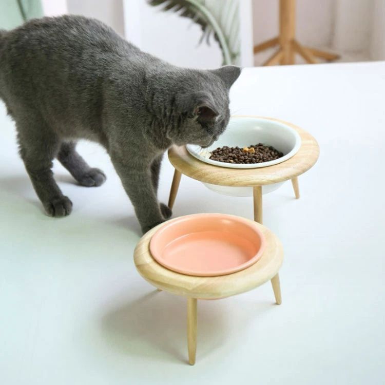 【送料無料】食器台 UFO 犬用 フードボウルスタンド 陶器 木製 フードボール 高さ調整 猫用 高さがある 犬用食器 フードスタンド 2点セット（棚*1+ボウル*1） 犬の餌台 キャットフード入れ 食器スタンド フードボウル 猫用食器 ペット用