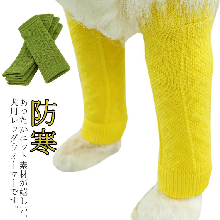 お散歩での汚れ防止や防寒に。あったかニット素材が嬉しい、犬用レッグウォーマーです。関節保護・足の傷の舐め防止（保護）などにもおすすめ。伸縮性があるので、まるで靴下のようにぴったりフィットします。おしゃれなケーブル編みで、犬の足の保護だけでなくファッションアイテムとしても使えます。 サイズ S M L XL 2XL サイズについての説明 S 幅2.6cm 長さ7cmM 幅3.4cm 長さ9.5cmL 幅4.2cm 長さ12cmXL 幅5.0cm 長さ14.5cm2XL 幅6.0cm 長さ17cm 素材 ニット 色 イエロー グリーン 備考 ●サイズ詳細等の測り方はスタッフ間で統一、徹底はしておりますが、実寸は商品によって若干の誤差(1cm〜3cm )がある場合がございますので、予めご了承ください。 ●製造ロットにより、細部形状の違いや、同色でも色味に多少の誤差が生じます。 ●パッケージは改良のため予告なく仕様を変更する場合があります。 ▼商品の色は、撮影時の光や、お客様のモニターの色具合などにより、実際の商品と異なる場合がございます。あらかじめ、ご了承ください。 ▼生地の特性上、やや匂いが強く感じられるものもございます。数日のご使用や陰干しなどで気になる匂いはほとんど感じられなくなります。 ▼同じ商品でも生産時期により形やサイズ、カラーに多少の誤差が生じる場合もございます。 ▼他店舗でも在庫を共有して販売をしている為、受注後欠品となる場合もございます。予め、ご了承お願い申し上げます。 ▼出荷前に全て検品を行っておりますが、万が一商品に不具合があった場合は、お問い合わせフォームまたはメールよりご連絡頂けます様お願い申し上げます。速やかに対応致しますのでご安心ください。