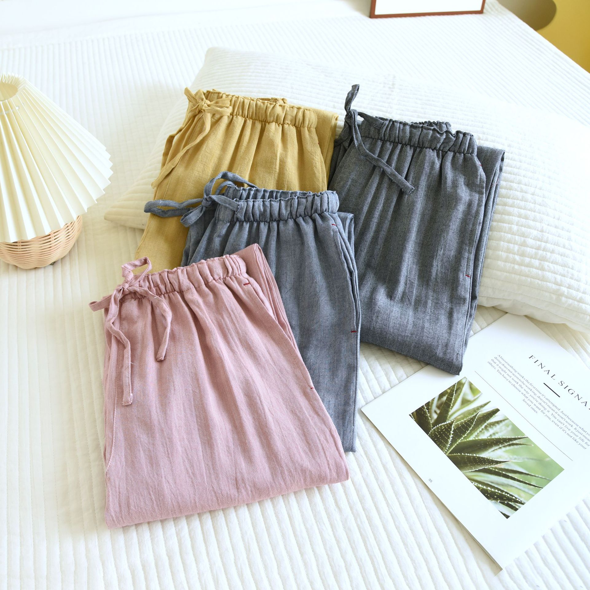 【送料無料】ペア パジャマ ロングパンツ ルームウェア 綿 部屋着 ナイトウェア ルームパンツ レディース ポケット付き かわいい メンズ ゆったり リラックス 春 秋 ボトムス ロング ピンク 黄色 緑 青 dh176d3d3d4