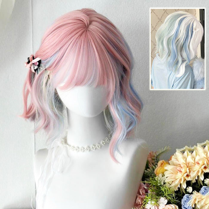 【送料無料】カラーウィッグ かつら コスプレウィッグ 巻き髪 配色 原宿ガール フルウィッグ カール ハ..