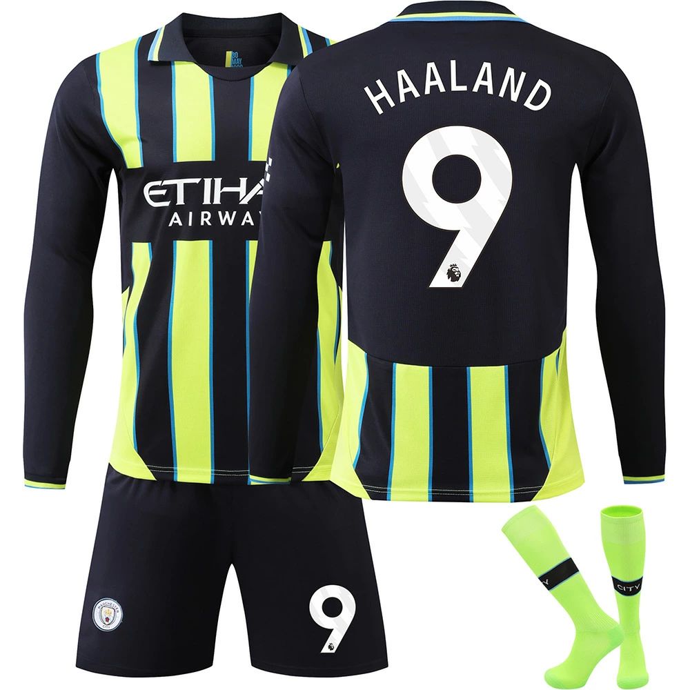 24-25マンチェスター・シティアウェイ長袖サッカーウェアセット 9番ハーランド 17番デブライネ 10番グリーリッシュ 47番フォーデン レプリカ 子供用・大人用