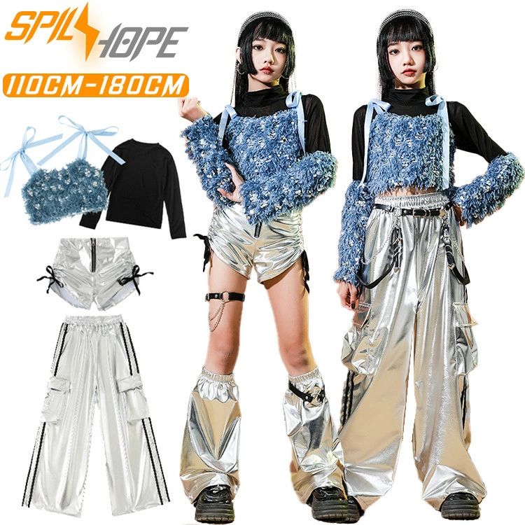 Rakuten - 【送料無料】青色 銀色 キッズ ダンス衣装 キラキラ スパンコール 女の子 セットアップ 韓国k-pop HIPHOP jazz 上下セット キャミソール カーゴパンツ 短パン メッシュ 長袖トップス ジャズダンス 子供服 演出服 団体服 発表会 練習着 ダンスウェア チア チアガール へそ出し