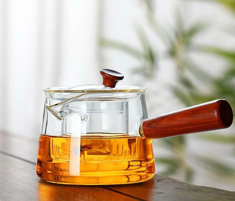直火 食品級材質 耐熱ガラスポット 木製ハンドル お茶ポット ティーポット 冷水筒 冷水ポット 耐熱ガラ..