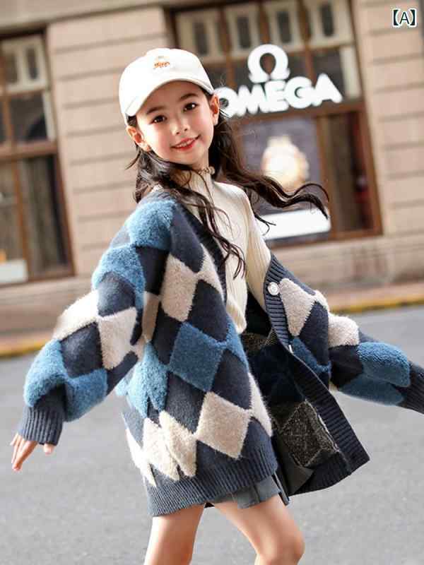 カーディガン キッズ 子供服 女の子 羽織 ニット ゆったり セーター ミドル丈 春秋 ジャケット ネイビー ベージュ 菱形