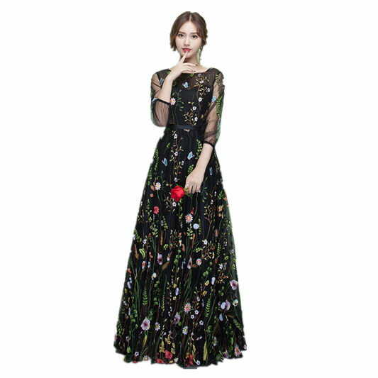 2色展開 長袖 刺繍 レース マキシ丈 花柄 ロングドレス パーティードレス ワンピース カラードレス 二次会 演奏会 披露宴 結婚式 発表会 忘年会
