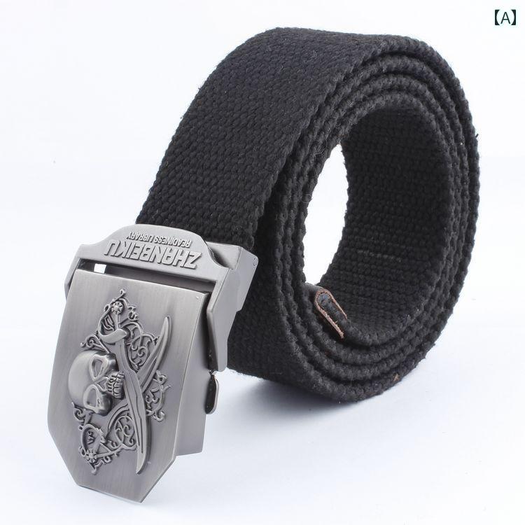 ベルト スカル ドクロ 骸骨 海賊旗 ダブル ナイフセミオートマチック 合金 プレス バックル キャンバス..