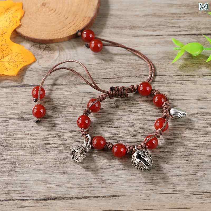 アンクレット レディース 鈴 石 シルバー レトロ ブレスレット 学生 女の子 ジュエリー レディース 長さ調整可能 ペア 足首 手首 誕生日 プレゼント 記念 絆 赤 緑