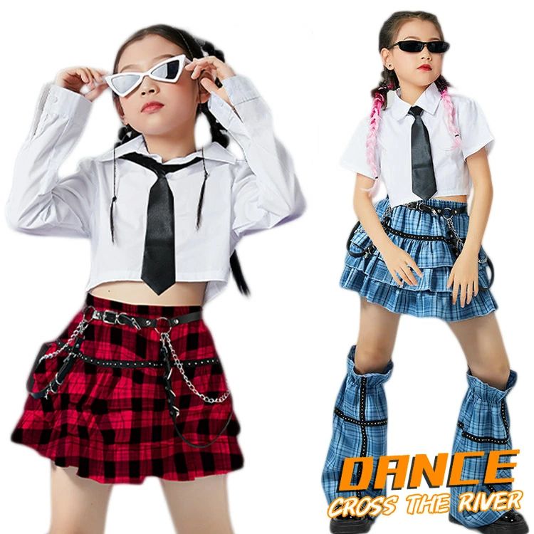 キッズ へそ出し トップス ダンス衣装 女の子 セットアップ チェック柄スカート 韓国 k-pop衣装 白シャツ ヒップホップ ジャズダンス HIPHOP 子供服 足カバー チアダンス衣装 かっこいい イベント ステージ衣装 練習着 体操服 舞台服 発表会 応援団 団体服 大きめ 120 170cm