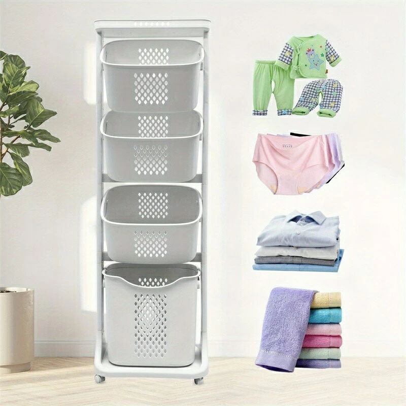 Laundry Containers - ランドリーバスケット スリムカート スタッキングバスケット ランドリーワゴン 1/2/3/4段 大容量 キャスター付き 洗濯かご ラック 組立式 浴室 洗濯 収納 収納バスケット 取り外し 隙間収納