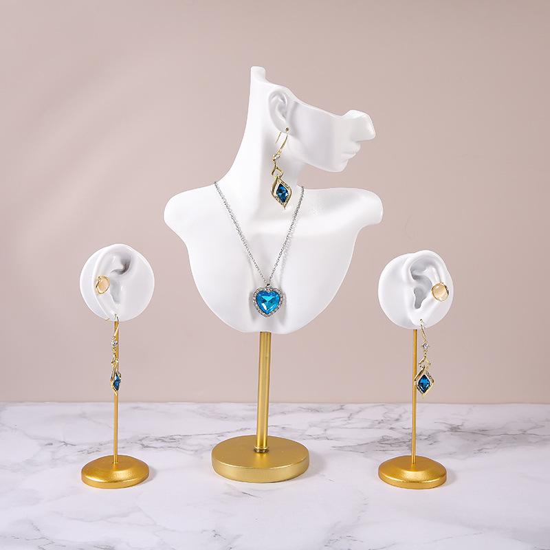 アクセサリースタンド 人形耳型 ピアス イヤリング ネックレス ペンダント ジュエリーディスプレイ 金属ベース 樹脂製 ダブルホール 店舗用 カウンター 什器 展示台 黒 白