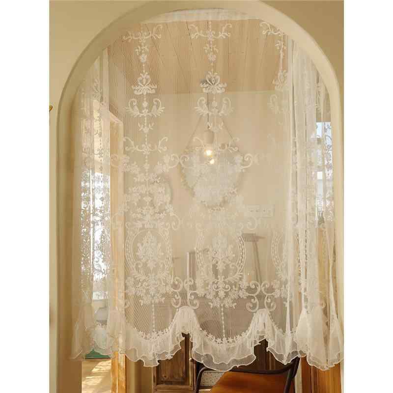 カーテン フレンチ レトロ レース ドアカーテン カフェカーテン 窓用 ポール通し シアー 透け感 花柄 ボタニカル柄 目隠し クラシカル アンティーク調 アーチ型 間仕切り