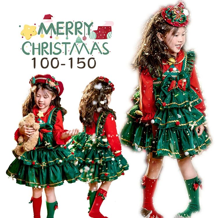 サンタ コスチューム 姫系 クリスマス ワンピース 女の子 風 ワンピース サンタ キッズ かわいい 子供ドレス クリスマス サンタコス コスプレ ベビー ヘアバンド キラキラ 帽子 ベレー帽 ティアードスカート 靴下 100 110 120 130 140 150 プレゼント ギフト
