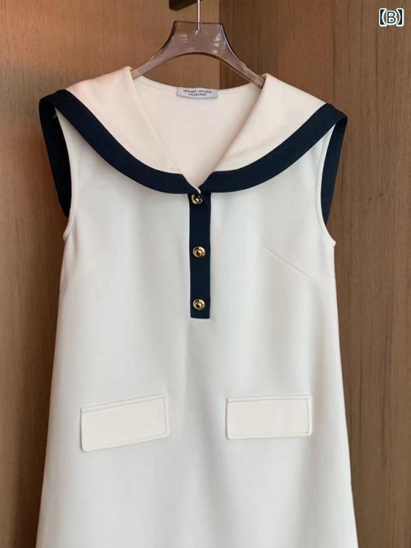 マリーンドレス 海軍 ネイビー風 セーラー服 韓国 ファッション ノースリーブ 夏 エレガント スカート ブルー