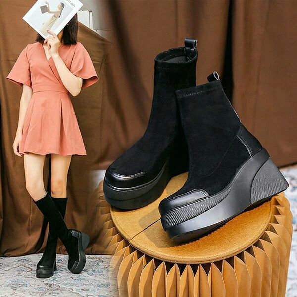 ソックススニーカー 厚底 ソックスブーツ 厚底ブーツ ショートブーツ ブーツ レディース 8.5cmヒール ぺたんこ PU ハイカット 美脚 韓国風 疲れない 歩きやすい スエード調 シューズ 靴 カジュアル おしゃれ 履きやすい 滑り止め 耐磨耗 通勤 通学 秋 冬