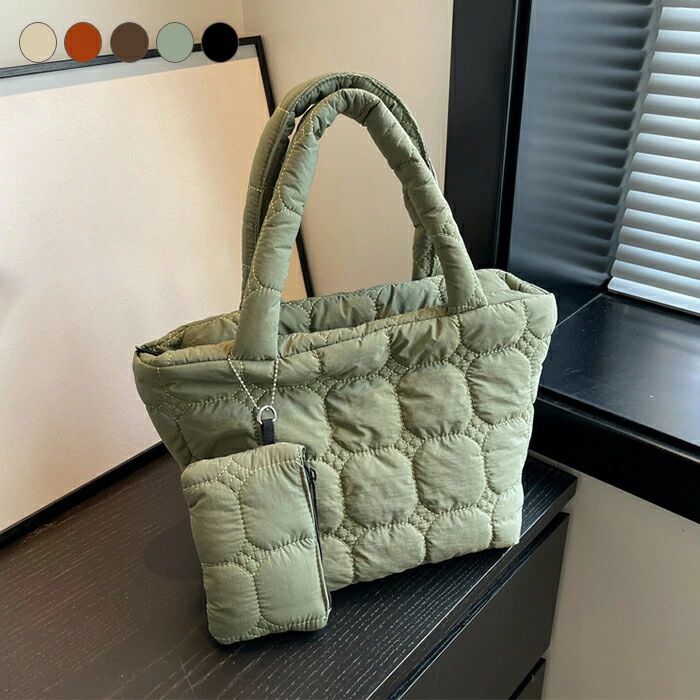 トートバッグ ミニポーチ付き レディース 中綿入り キルティングバッグ 大容量 収納力 2点セット エコバッグ ファスナー開閉 カバン バッグ 小さめ ミニバッグ ミニ 手提げ 肩掛け 軽量 収納 キルティング 秋 冬 おしゃれ かわいい 大人 通勤 通学 デイリー 普段使い