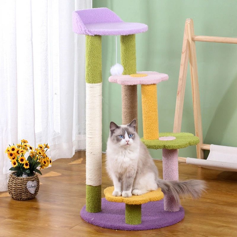 キャットタワー お花型ねこタワー 段階 据え置き 爪どき 多頭飼い シニア ネコ ポール キャットツリー 猫の部屋 運動不足解消