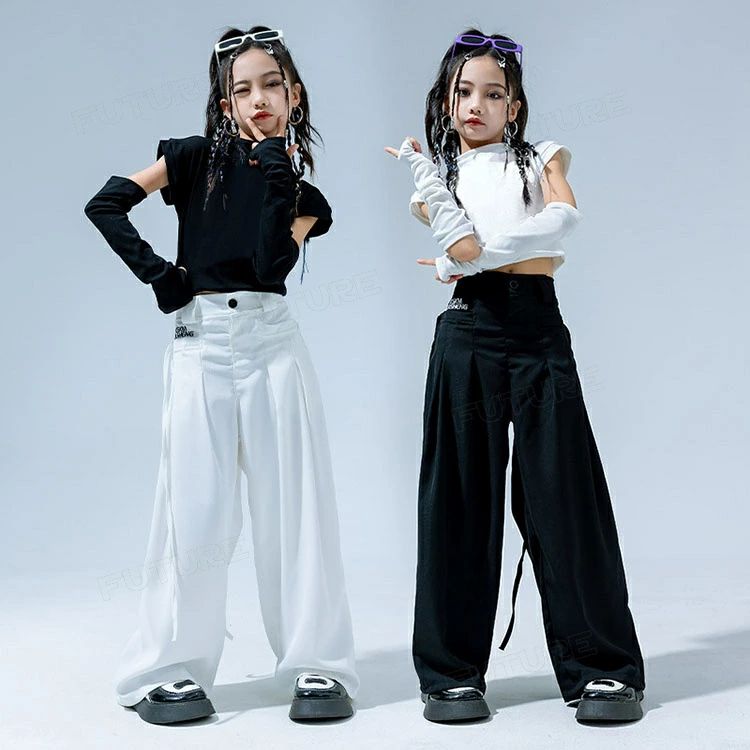 k-pop 衣装 白 黒 ダンスパンツ キッズダンス衣装 セットアップ 女の子 へそ出し ...