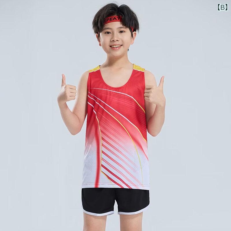 陸上 ユニフォーム 男子 女子 キッズ 柔らかい セットアップ パンツ ノースリーブ ランニング スポーツ ウェア 速乾 競技 大きいサイズ ラウンドネック ピンク 赤 青