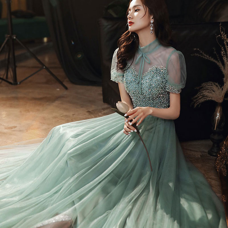 前撮りドレス カラードレス ウェディングドレスリボン使いが可愛いシースルーのパフスリーブのふんわりチュールAラインロングドレス インポート ワンピース ウェディング ドレス XS S XL XXL XXXL 披露宴 刺繍