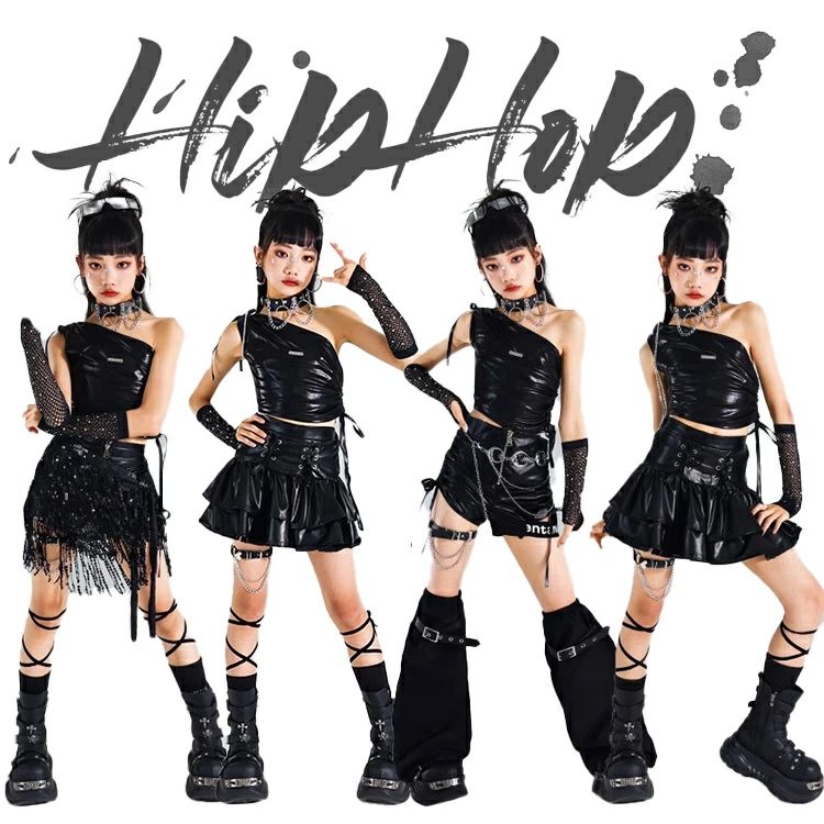 黒 キッズ ダンス衣装 レザー 女の子 ダンスウェア 短パンツ へそ出し レザースカート ガールズ 発表会 応援団 イベント ジュニア カッコイイ 普段着 jazz K-POP オシャレ DANCE 110~170